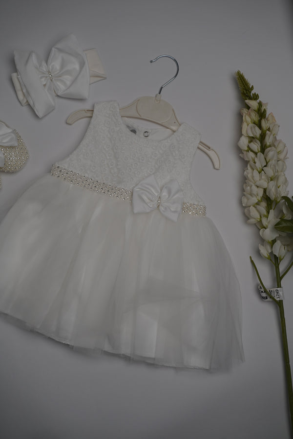 Formal White Embroidered Dress with Band and Shoes (New Born to 12 Months)