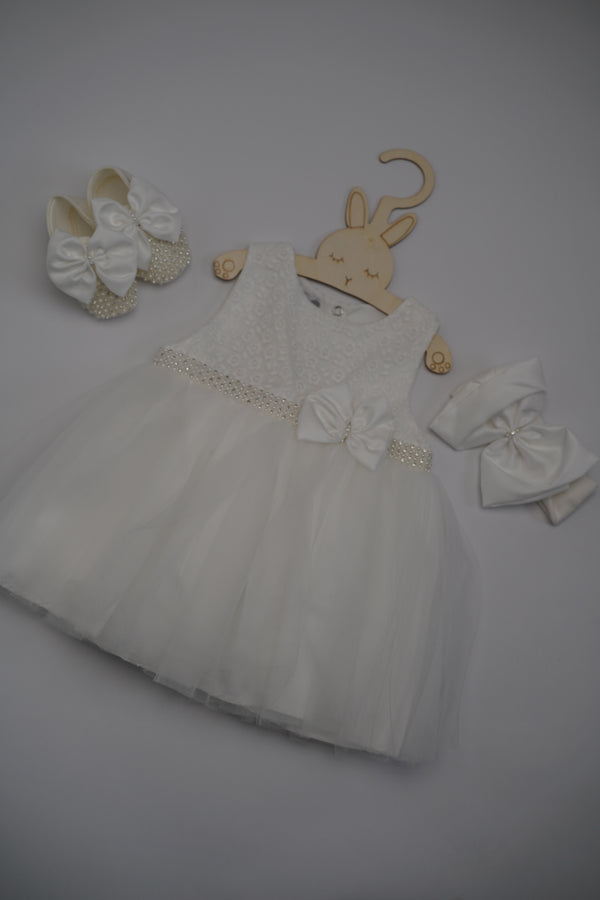 Formal White Embroidered Dress with Band and Shoes (New Born to 12 Months)