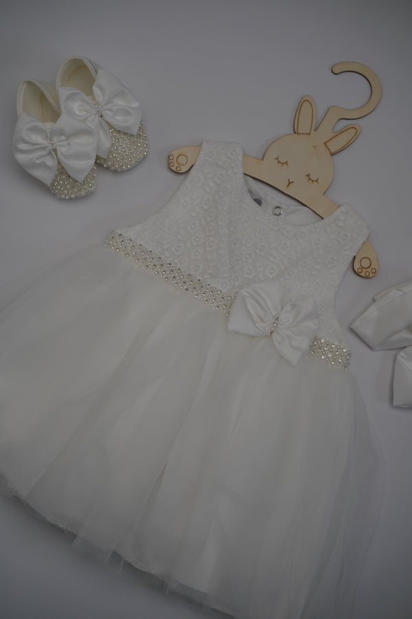 Formal White Embroidered Dress with Band and Shoes (New Born to 12 Months)