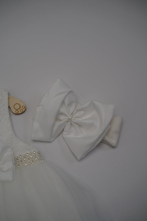 Formal White Embroidered Dress with Band and Shoes (New Born to 12 Months)
