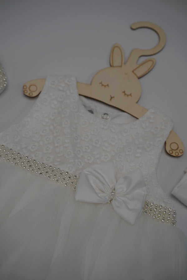 Formal White Embroidered Dress with Band and Shoes (New Born to 12 Months)