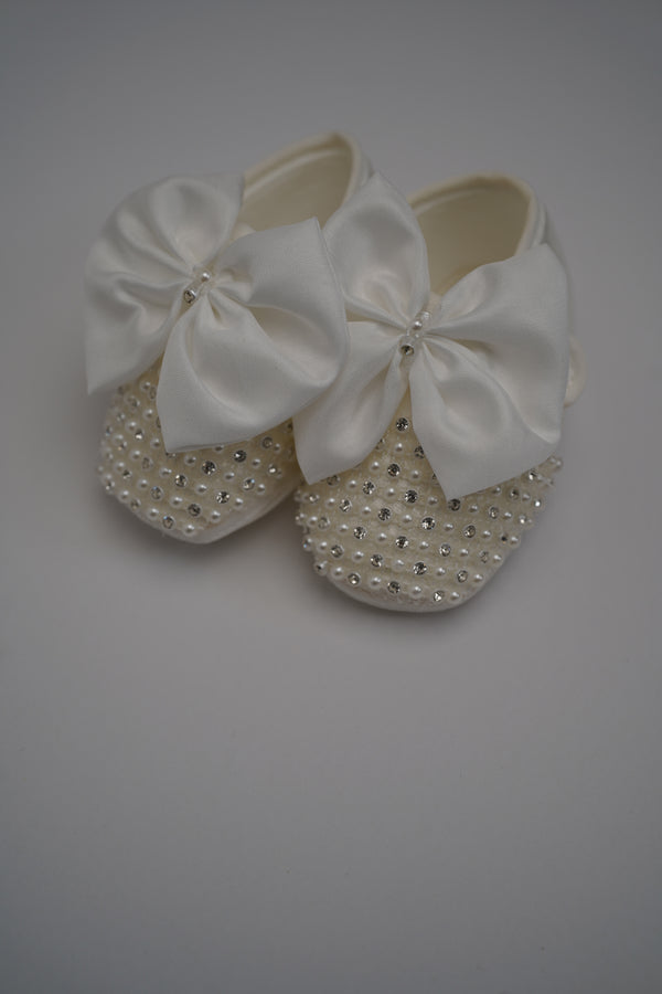 Formal White Embroidered Dress with Band and Shoes (New Born to 12 Months)