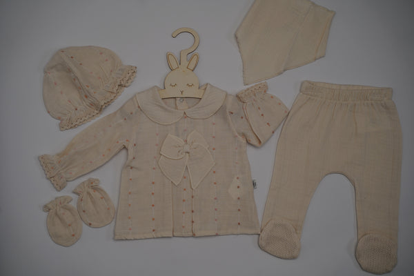 Baby Girls Five Piece Embossed Embroidered Bow Spanish Set with Hat & Mittens (NB)