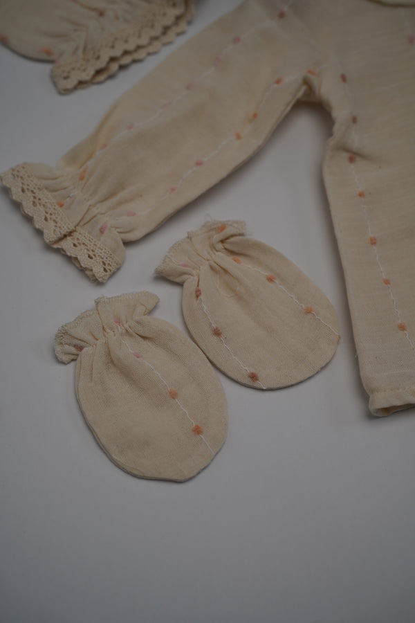 Baby Girls Five Piece Embossed Embroidered Bow Spanish Set with Hat & Mittens (NB)