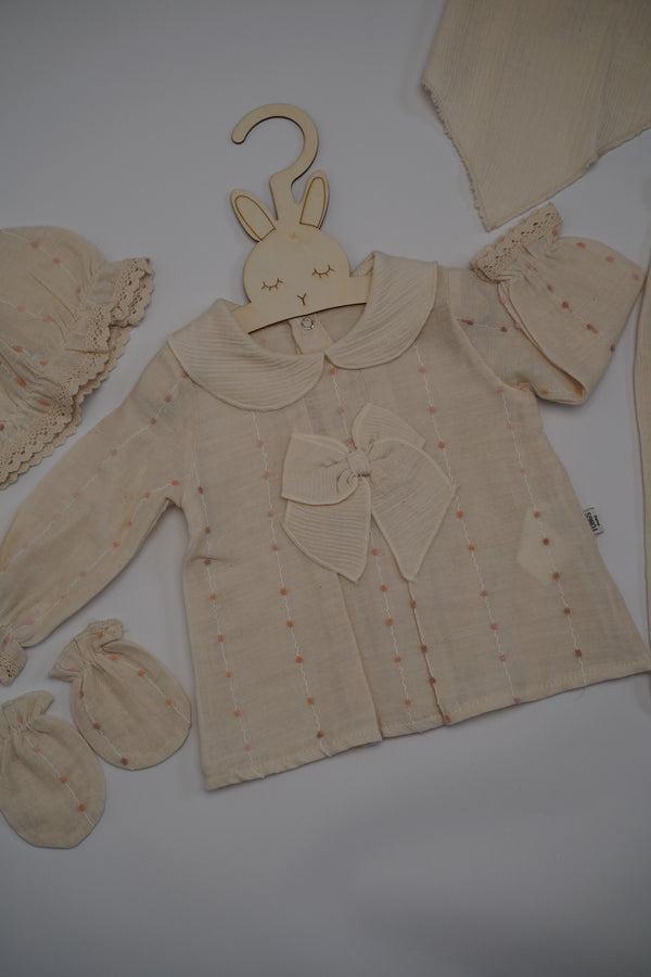 Baby Girls Five Piece Embossed Embroidered Bow Spanish Set with Hat & Mittens (NB)
