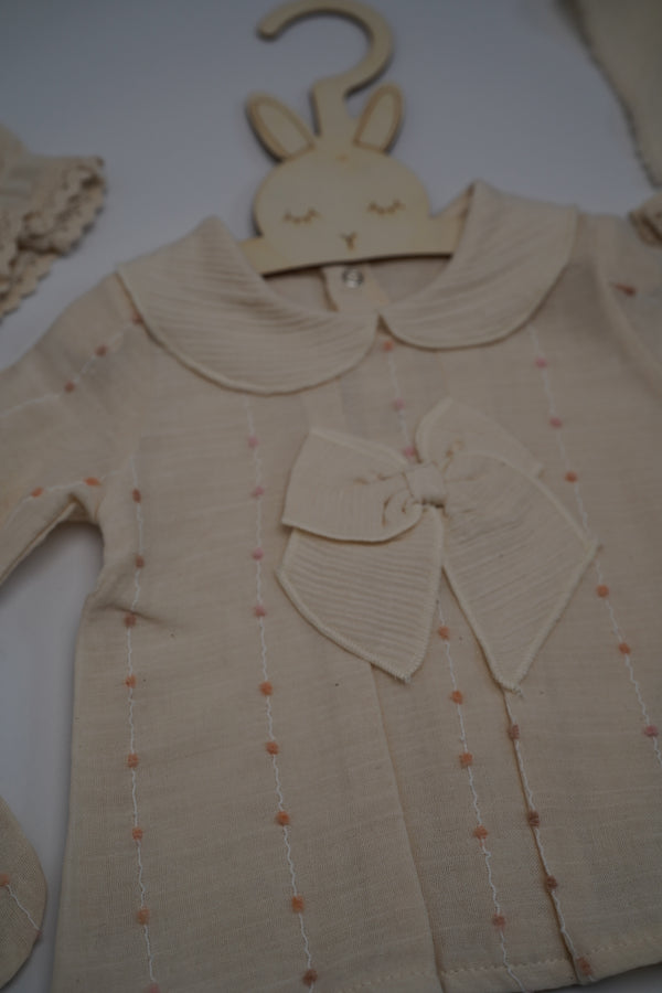 Baby Girls Five Piece Embossed Embroidered Bow Spanish Set with Hat & Mittens (NB)