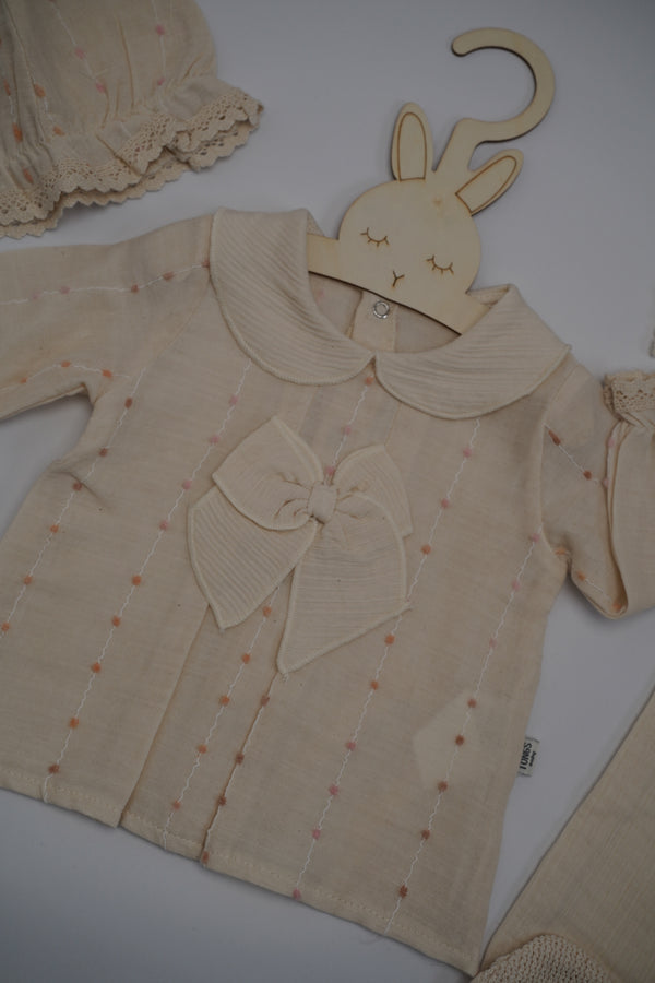 Baby Girls Five Piece Embossed Embroidered Bow Spanish Set with Hat & Mittens (NB)