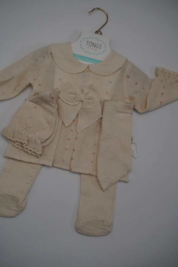 Baby Girls Five Piece Embossed Embroidered Bow Spanish Set with Hat & Mittens (NB)
