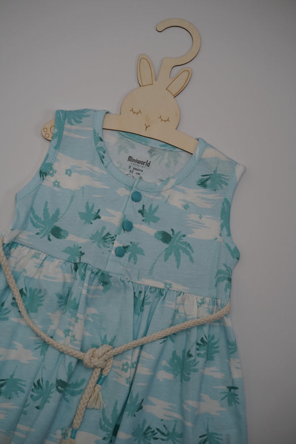 Girls Palm Tree Print Belted Beach Dress (3-6Y)
