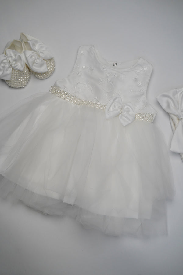 Formal White Embroidered Dress with Band and Shoes (New Born to 12 Months)  B001