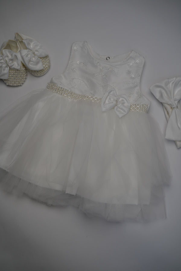 Formal White Embroidered Dress with Band and Shoes (New Born to 12 Months)  B001
