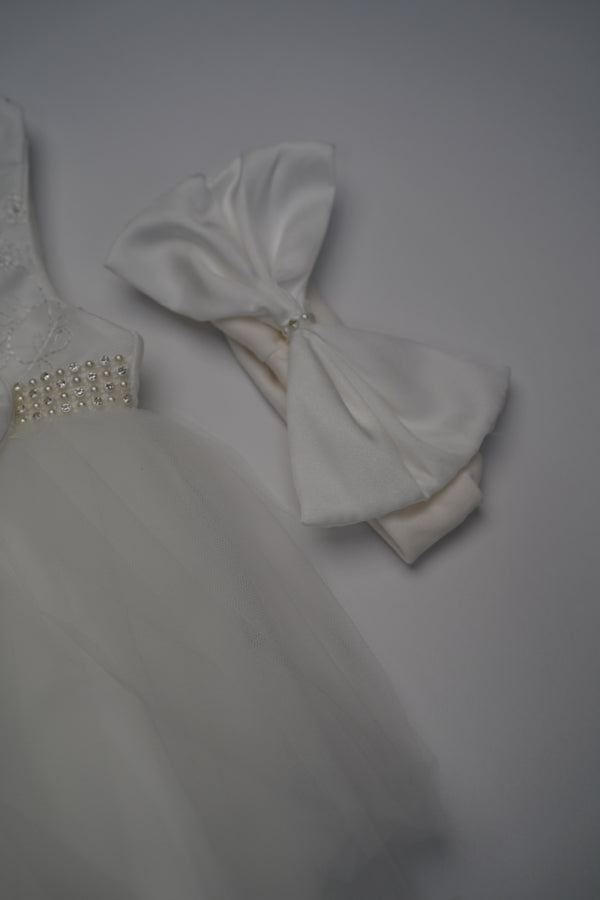 Formal White Embroidered Dress with Band and Shoes (New Born to 12 Months)  B001