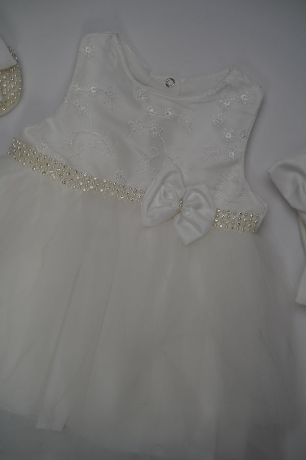 Formal White Embroidered Dress with Band and Shoes (New Born to 12 Months)  B001