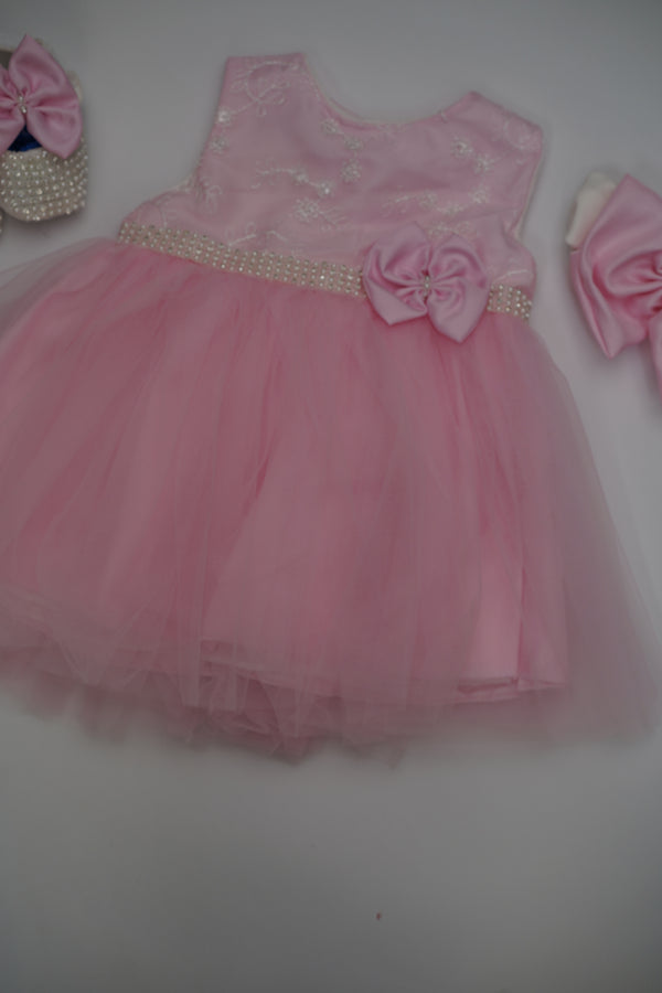 Formal Pink Embroidered Dress with Band and Shoes (New Born to 12 Months) B002