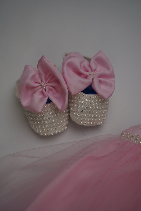 Formal Pink Embroidered Dress with Band and Shoes (New Born to 12 Months) B002