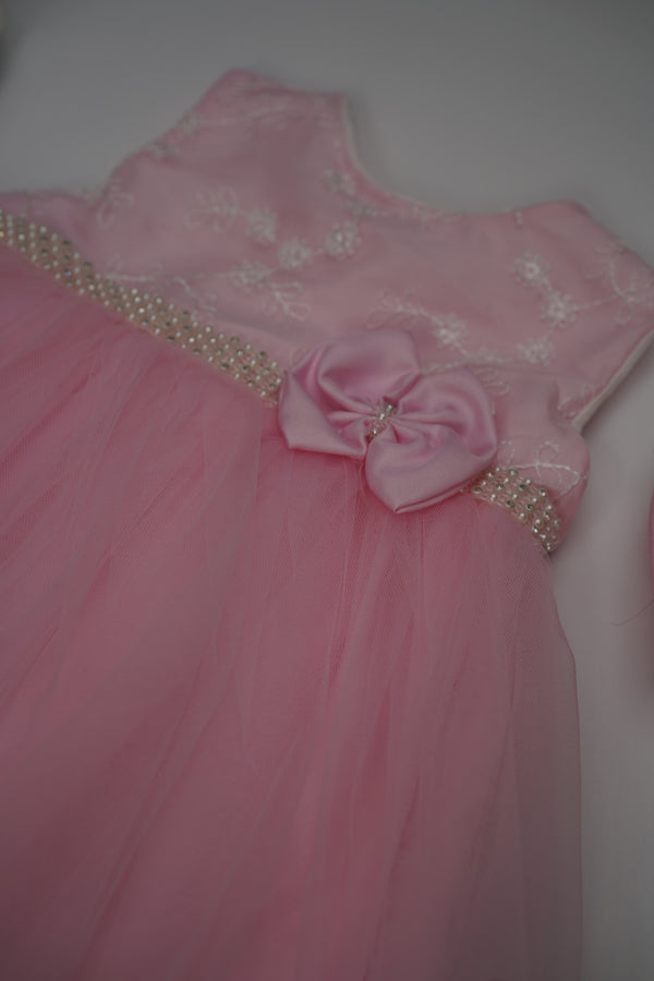 Formal Pink Embroidered Dress with Band and Shoes (New Born to 12 Months) B002