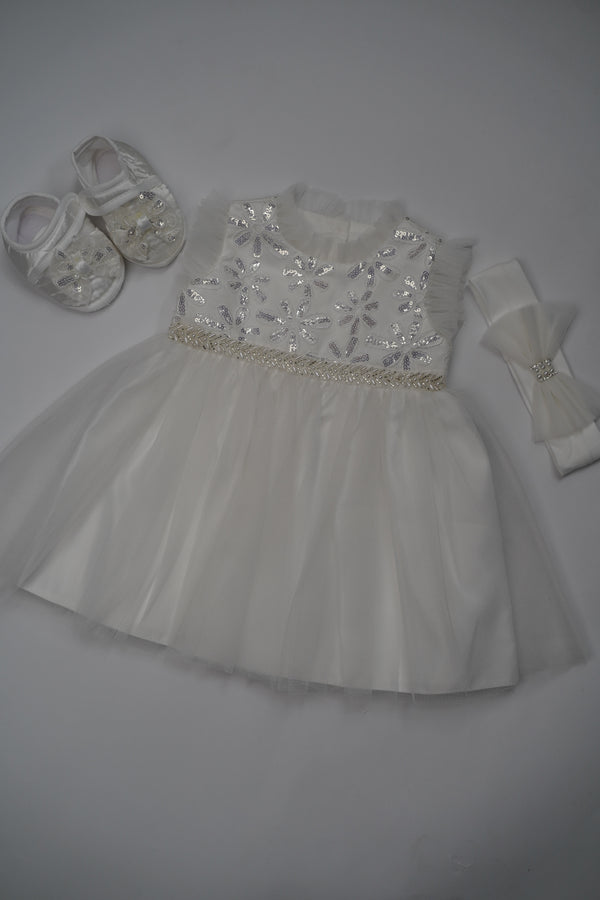 Formal White Embroidered Dress with Band and Shoes (New Born to 9 Month) B007