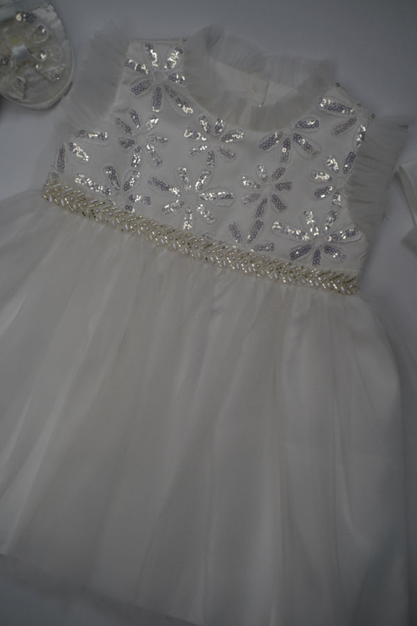 Formal White Embroidered Dress with Band and Shoes (New Born to 9 Month) B007
