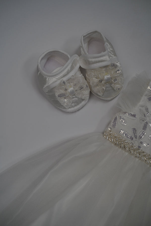 Formal White Embroidered Dress with Band and Shoes (New Born to 9 Month) B007