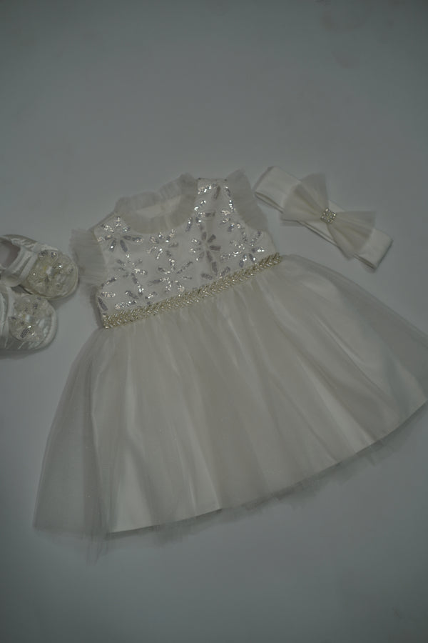 Formal White Embroidered Dress with Band and Shoes (New Born to 9 Month) B007