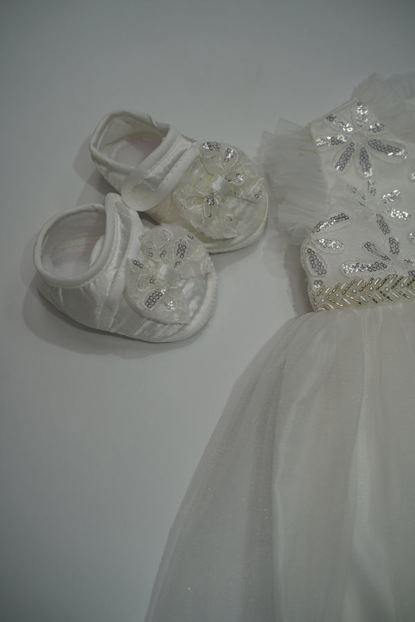 Formal White Embroidered Dress with Band and Shoes (New Born to 9 Month) B007