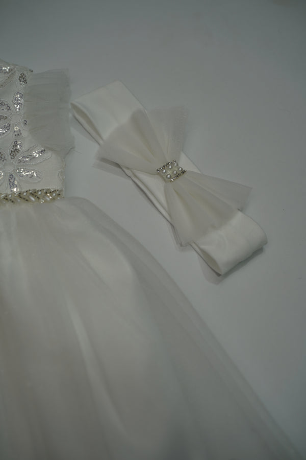 Formal White Embroidered Dress with Band and Shoes (New Born to 9 Month) B007