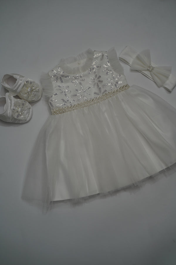 Formal White Embroidered Dress with Band and Shoes (New Born to 9 Month) B007