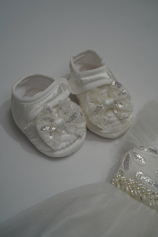 Formal White Embroidered Dress with Band and Shoes (New Born to 9 Month) B007